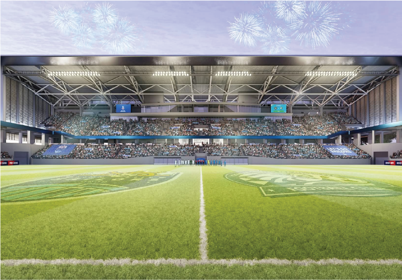 Rendering of a soccer field and stand